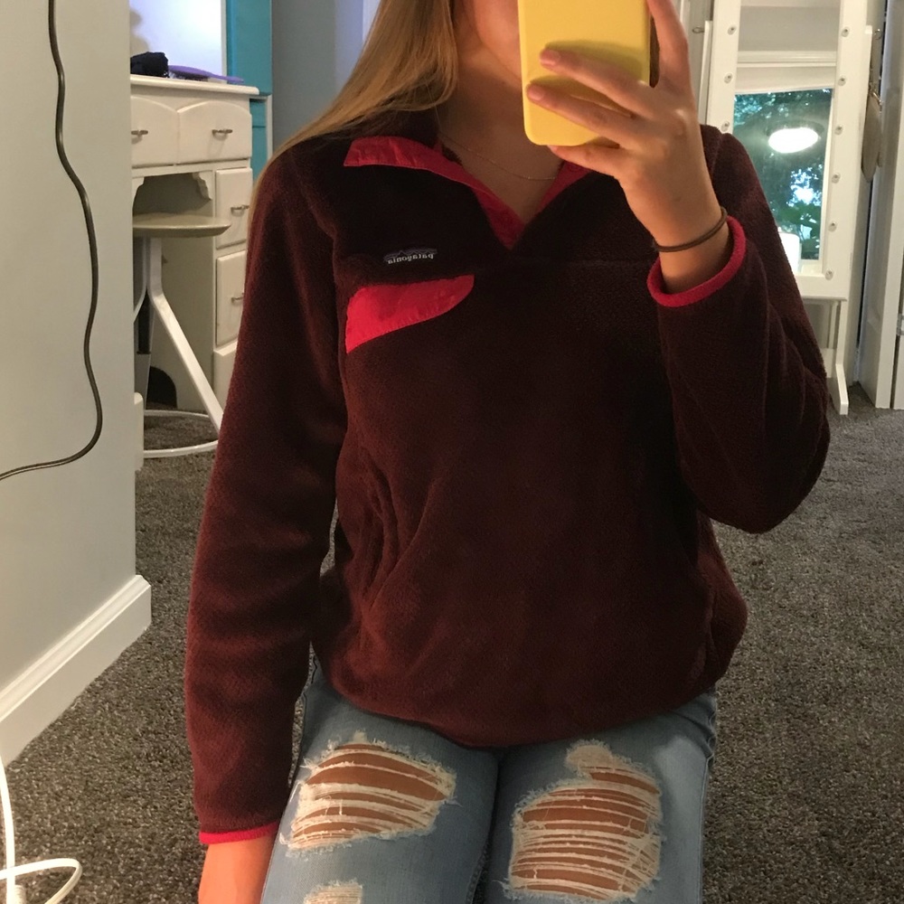 Burgundy and pink Patagonia fleece pullover